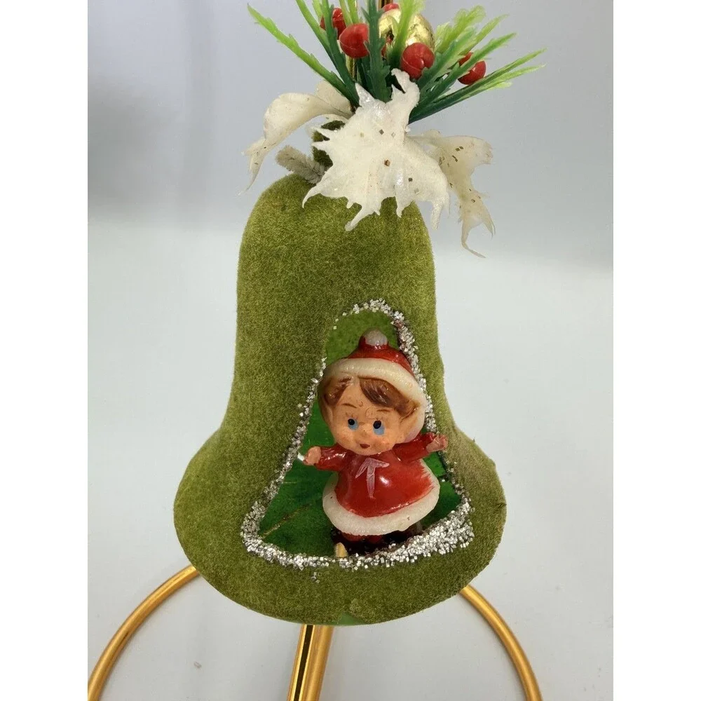 Vintage Flocked Green Bell Christmas Ornament Diorama Elf MCM + Bonus Stickers